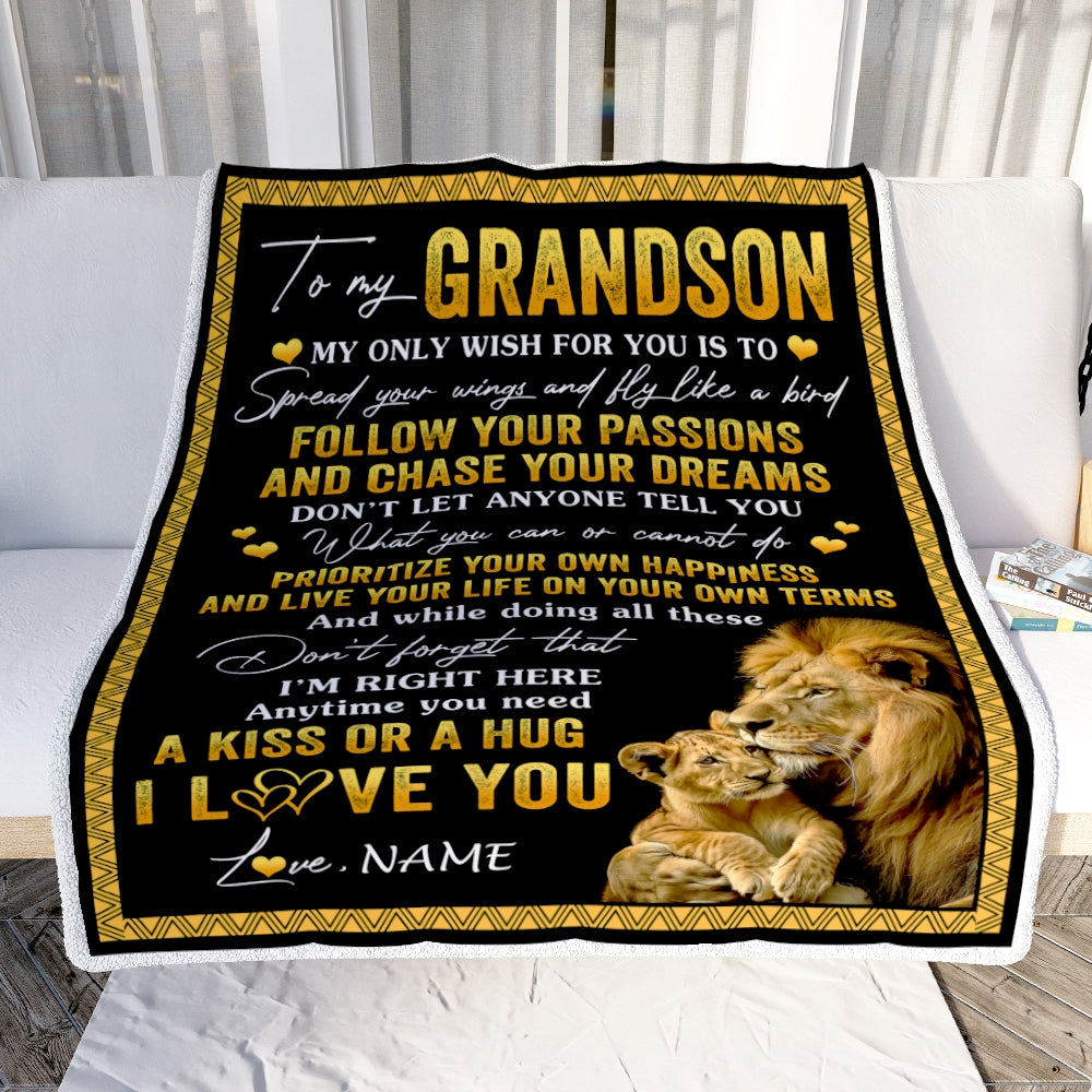 Personalized To My Grandson Blanket From Papa Grandpa Lion My Only Wish For You Grandson Birthday Graduation Christmas Customized Bed Fleece Throw Blanket | teecentury