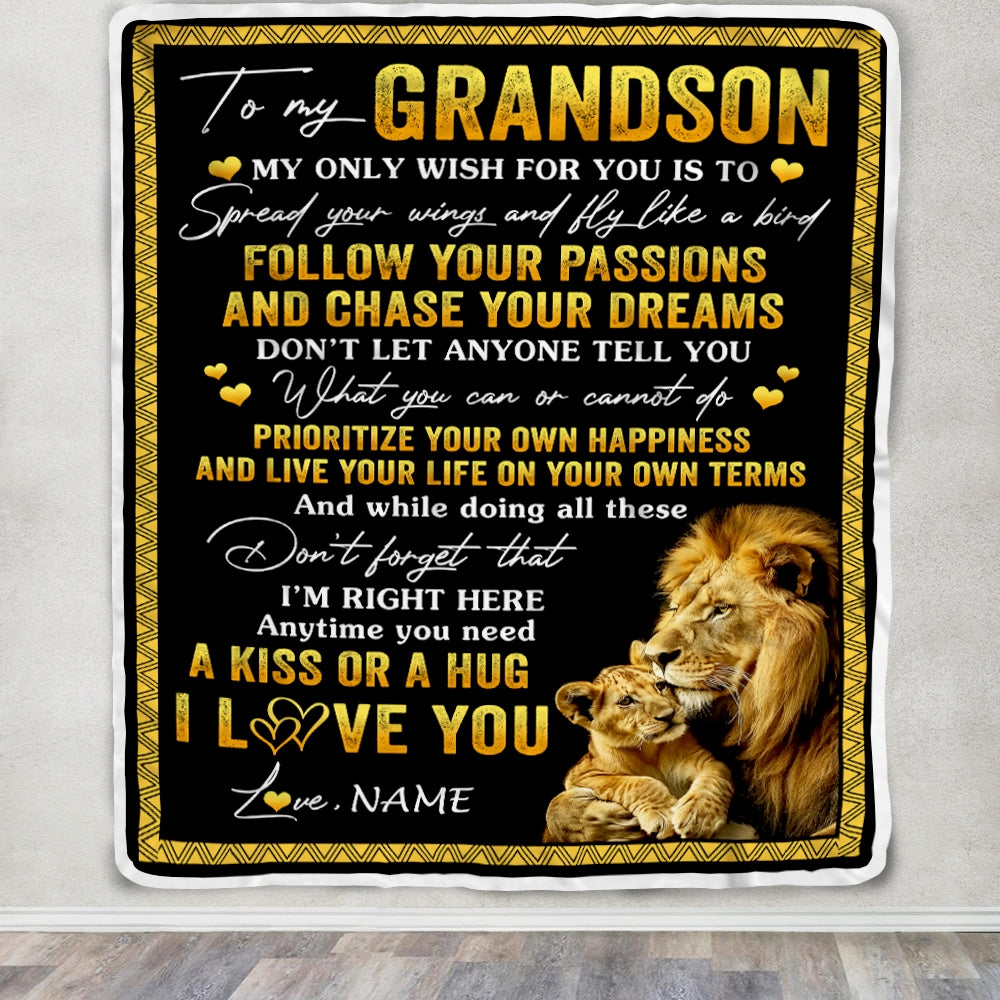 Personalized To My Grandson Blanket From Papa Grandpa Lion My Only Wish For You Grandson Birthday Graduation Christmas Customized Bed Fleece Throw Blanket | teecentury