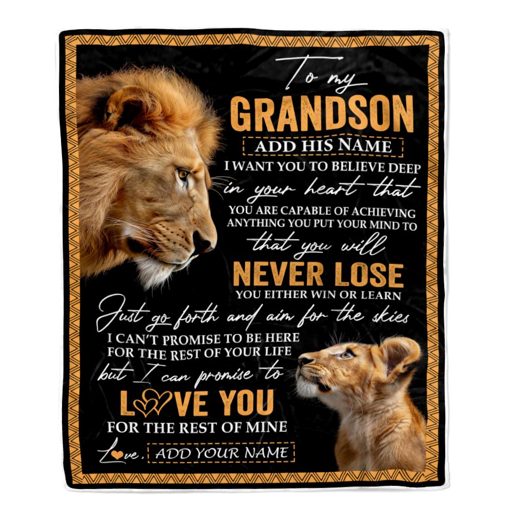 Personalized To My Grandson Blanket From Papa Grandpa You Will Never Lose Lion Grandson Birthday Gifts Graduation Christmas Customized Fleece Throw Blanket | teecentury