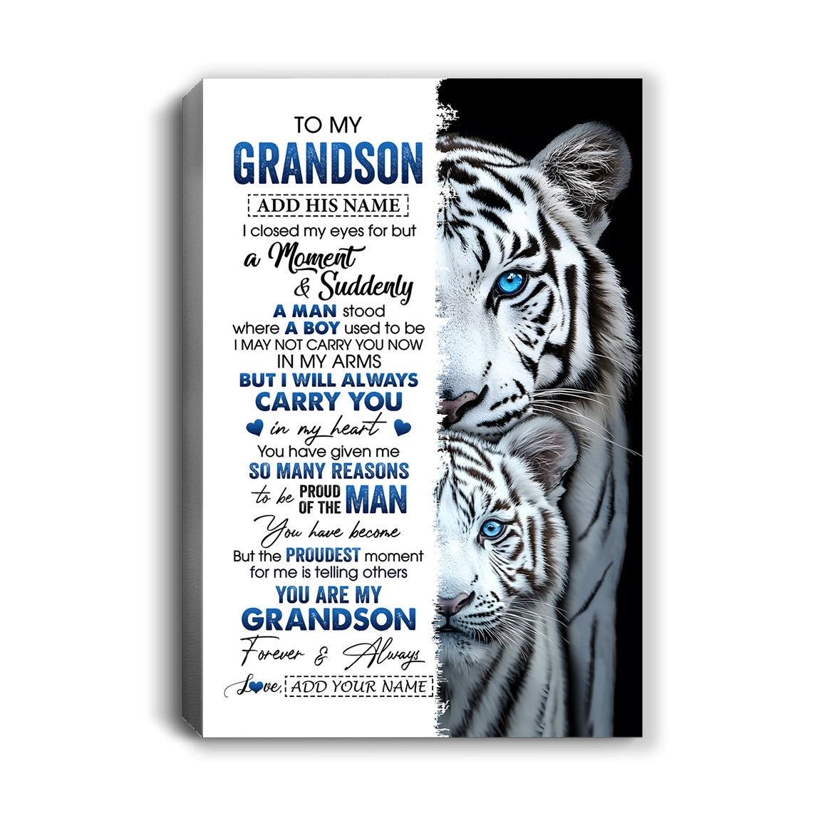 Personalized To My Grandson Canvas From Grandma Grandpa I Close My Eyes White Tiger Grandson Birthday Gift Graduation Christmas Wall Art Framed Canvas | teecentury