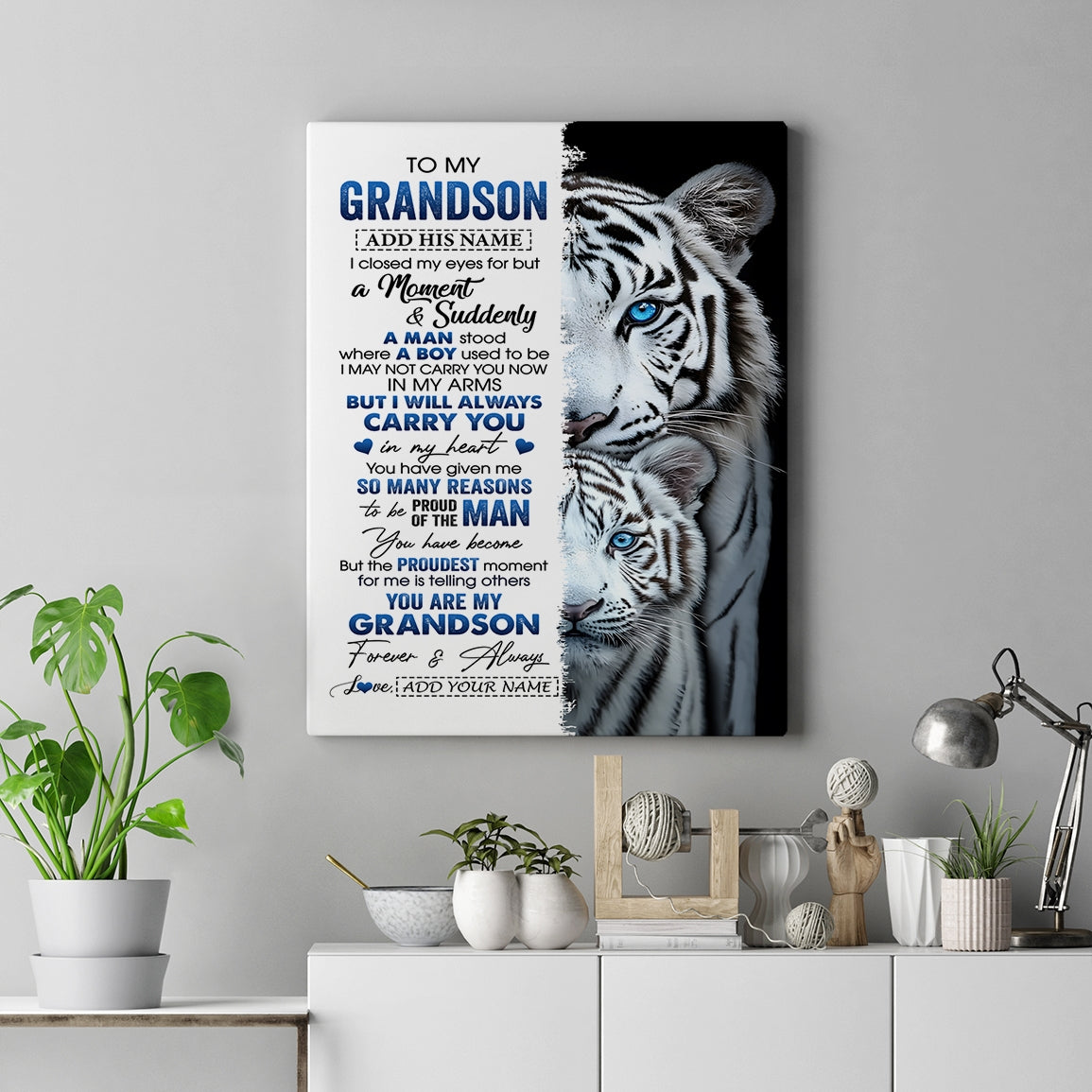 Personalized To My Grandson Canvas From Grandma Grandpa I Close My Eyes White Tiger Grandson Birthday Gift Graduation Christmas Wall Art Framed Canvas | teecentury