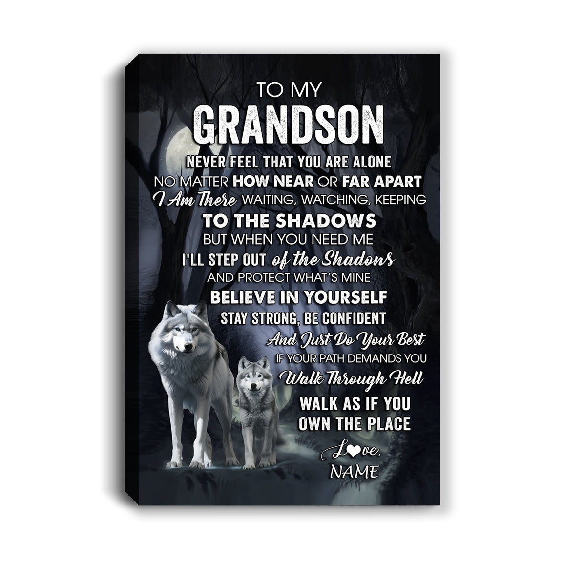 Personalized To My Grandson Canvas From Grandma Grandpa Never Feel That You Are Alone Wolf Grandson Birthday Gifts Graduation Christmas Custom Wall Art Print Framed Canvas | teecentury