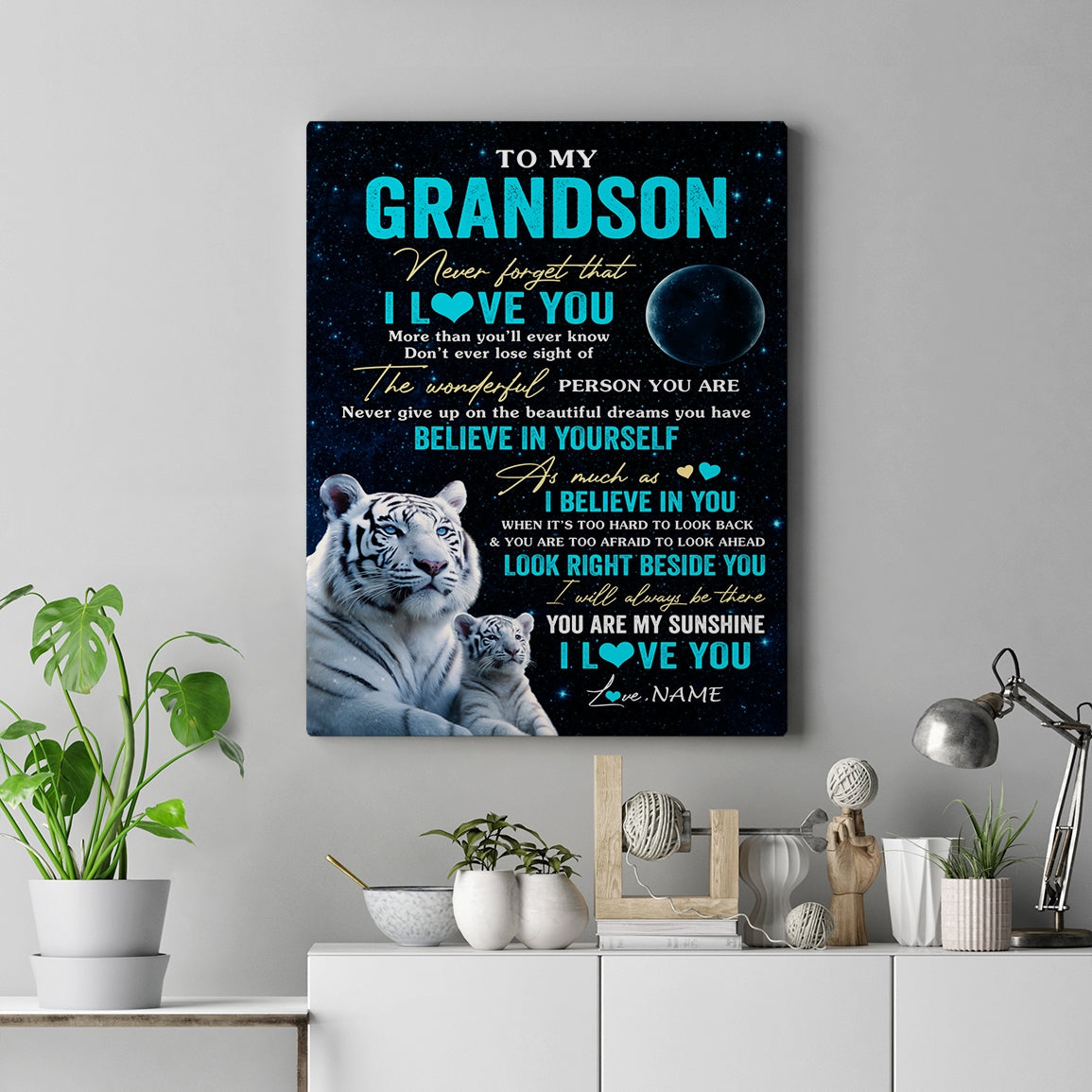 Personalized To My Grandson Canvas From Grandma Grandpa Never Forget I Love You White Tiger Grandson Birthday Gifts Christmas Custom Wall Art Print Framed Canvas | teecentury
