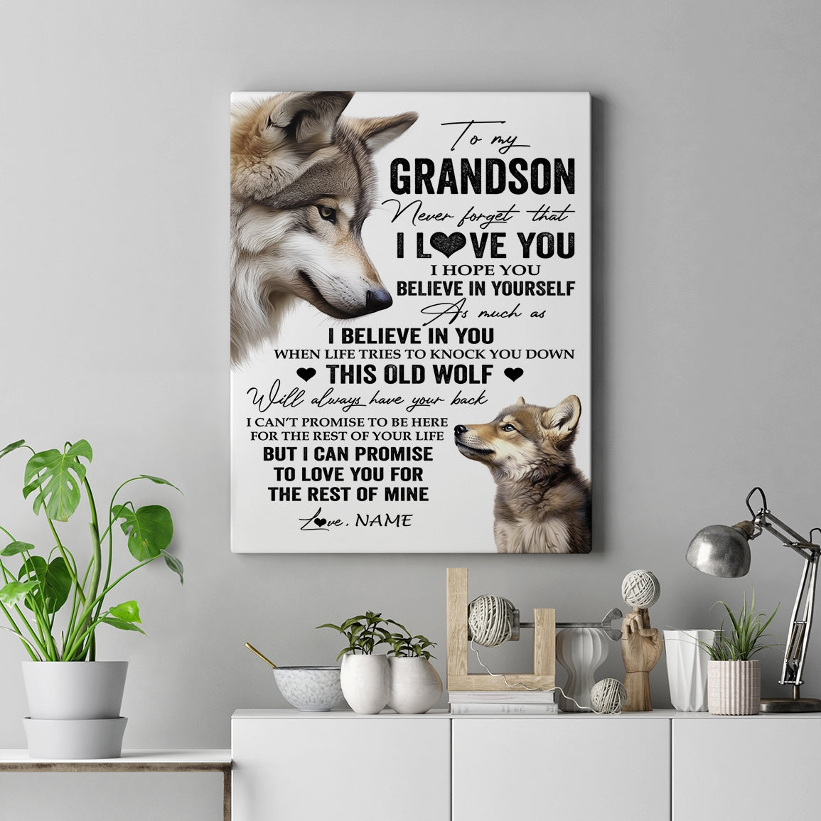 Personalized To My Grandson Canvas From Grandma Grandpa This Old Wolf Love You Grandson Birthday Gifts Graduation Christmas Custom Wall Art Print Framed Canvas | teecentury