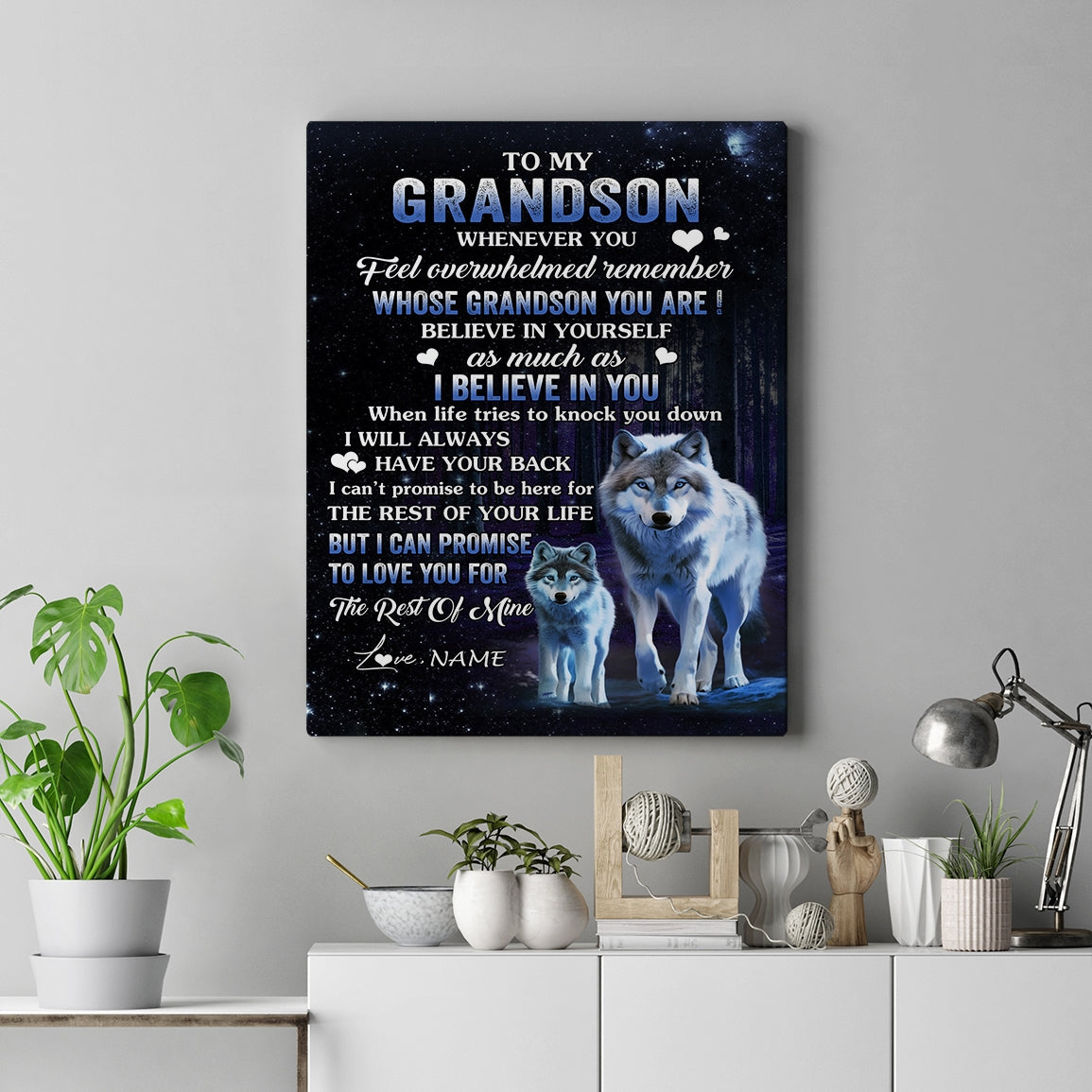 Personalized To My Grandson Canvas From Grandma Grandpa Whenever You Feel Wolf Grandson Birthday Gifts Graduation Christmas Custom Wall Art Print Framed Canvas | teecentury