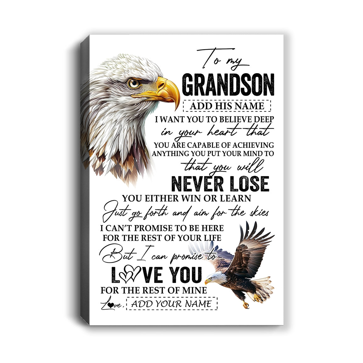 Personalized To My Grandson Canvas From Grandma Grandpa You Will Never Lose Eagle Grandson Birthday Gifts Graduation Christmas Custom Wall Art Print Framed Canvas | teecentury