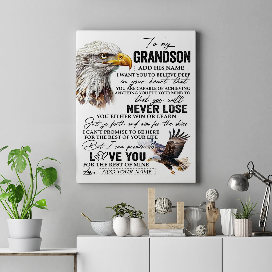 Personalized To My Grandson Canvas From Grandma Grandpa You Will Never Lose Eagle Grandson Birthday Gifts Graduation Christmas Custom Wall Art Print Framed Canvas | teecentury