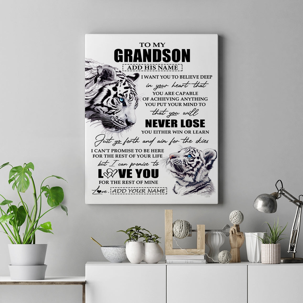 Personalized To My Grandson Canvas From Grandma Grandpa You Will Never Lose White Tiger Grandson Birthday Gifts Graduation Christmas Custom Print Framed Canvas | teecentury