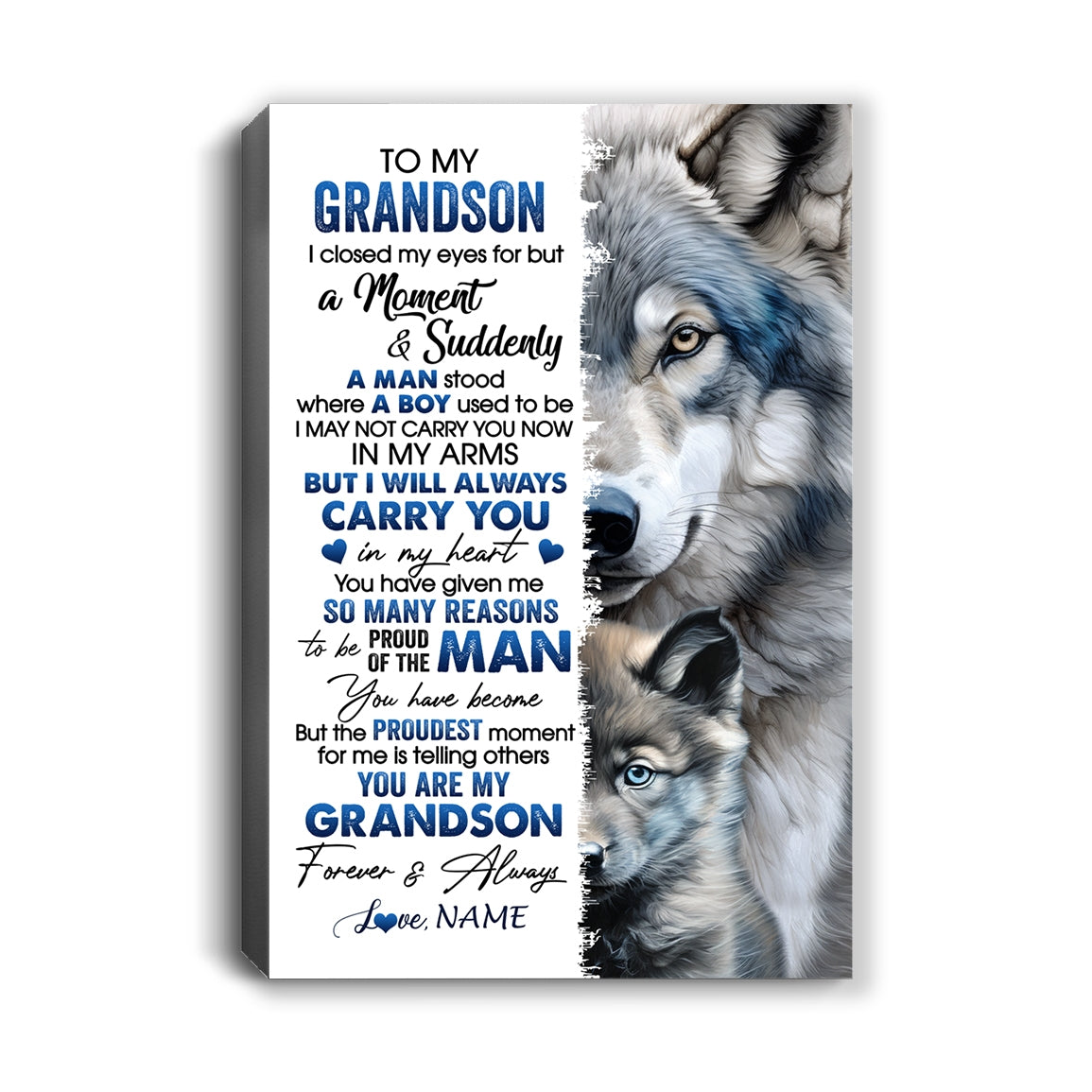 Personalized To My Grandson Canvas From Grandma I Close My Eyes For But A Moment Wolf Grandson Birthday Gifts Graduation Christmas Custom Wall Art Print Framed Canvas | teecentury