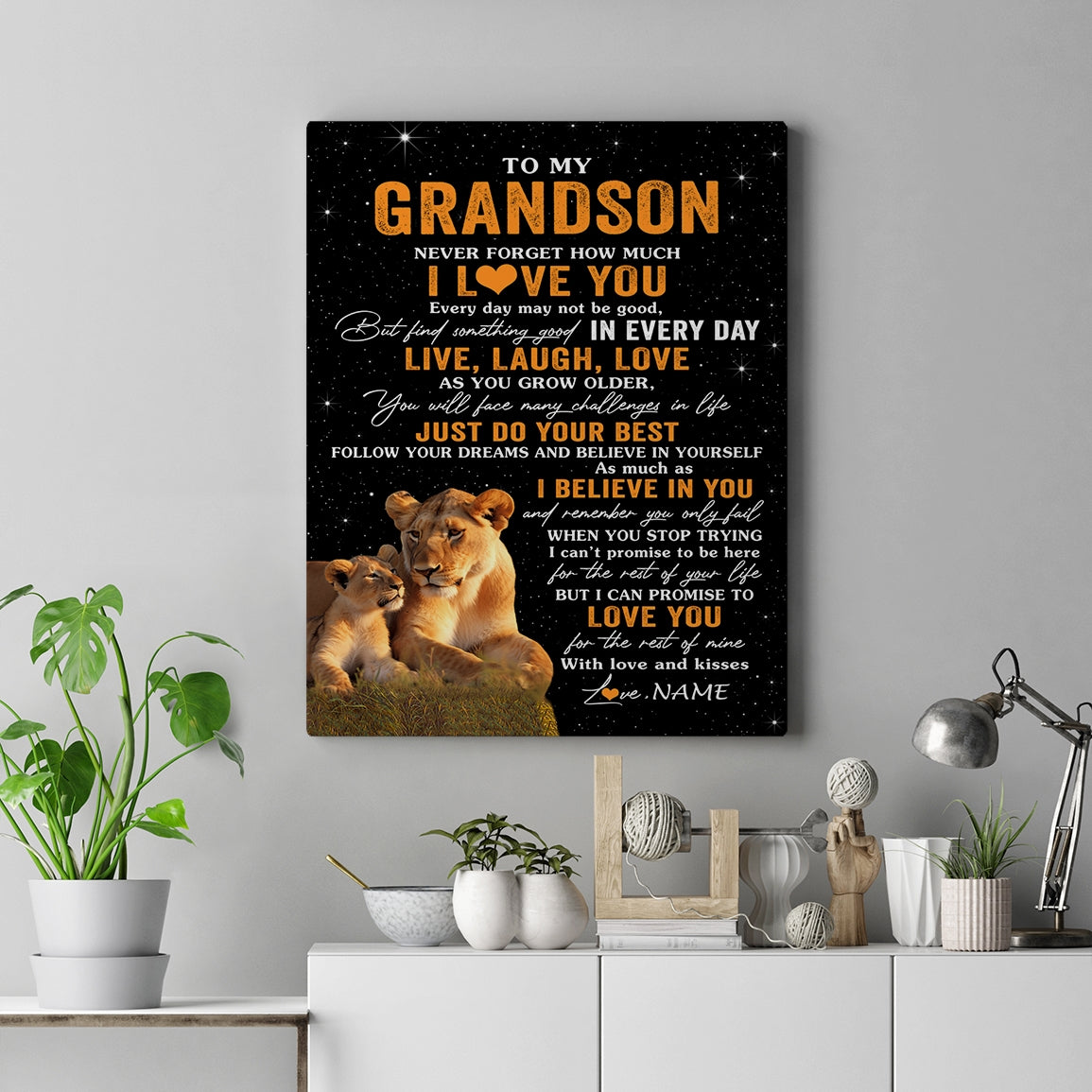 Personalized To My Grandson Canvas From Grandma Live Laugh Love Lion Grandson Birthday Gifts Positive Graduation Christmas Custom Wall Art Print Framed Canvas | teecentury