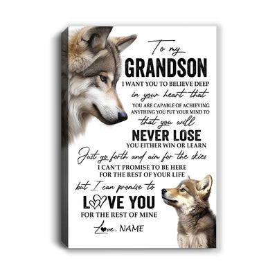 Personalized To My Grandson Canvas From Grandma Nana Papa You Will Never Lose Wolf Grandson Birthday Gifts Graduation Christmas Custom Wall Art Print Framed Canvas | teecentury