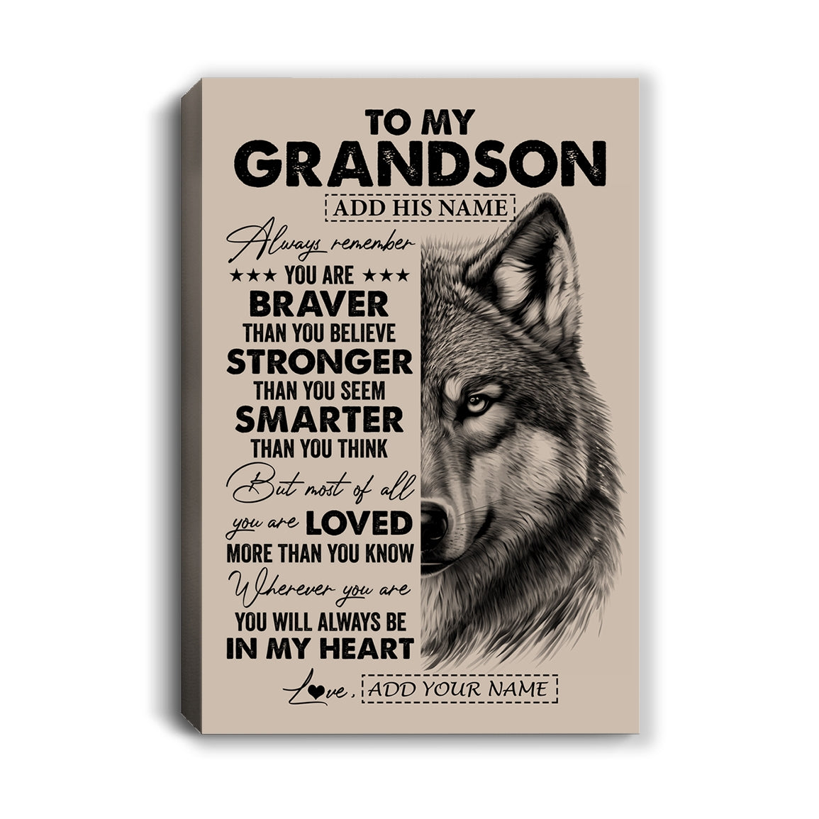 Personalized To My Grandson Canvas From Grandma Nana Wolf Braver Stronger Smarter Grandson Birthday Graduation Christmas Custom Wall Art Print Framed Canvas | teecentury