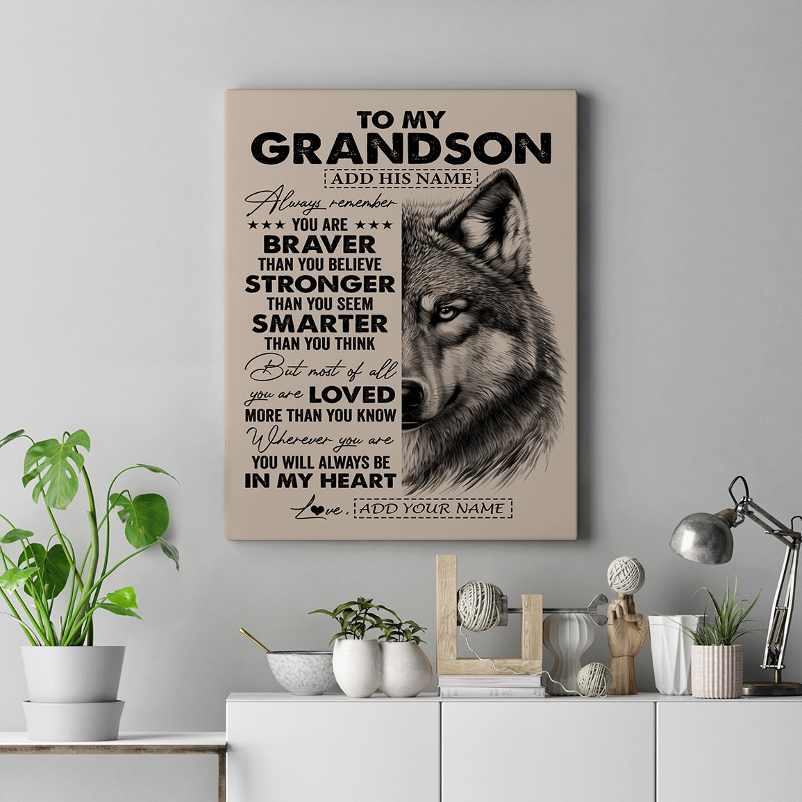 Personalized To My Grandson Canvas From Grandma Nana Wolf Braver Stronger Smarter Grandson Birthday Graduation Christmas Custom Wall Art Print Framed Canvas | teecentury