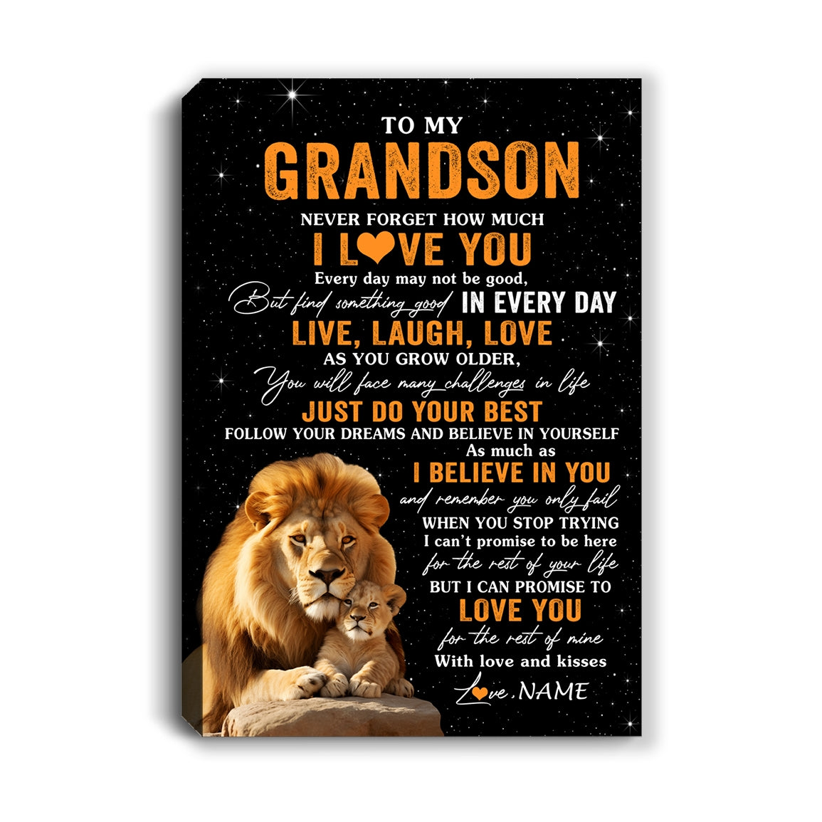Personalized To My Grandson Canvas From Grandpa Live Laugh Love Lion Grandson Birthday Gifts Positive Graduation Christmas Custom Wall Art Print Framed Canvas | teecentury