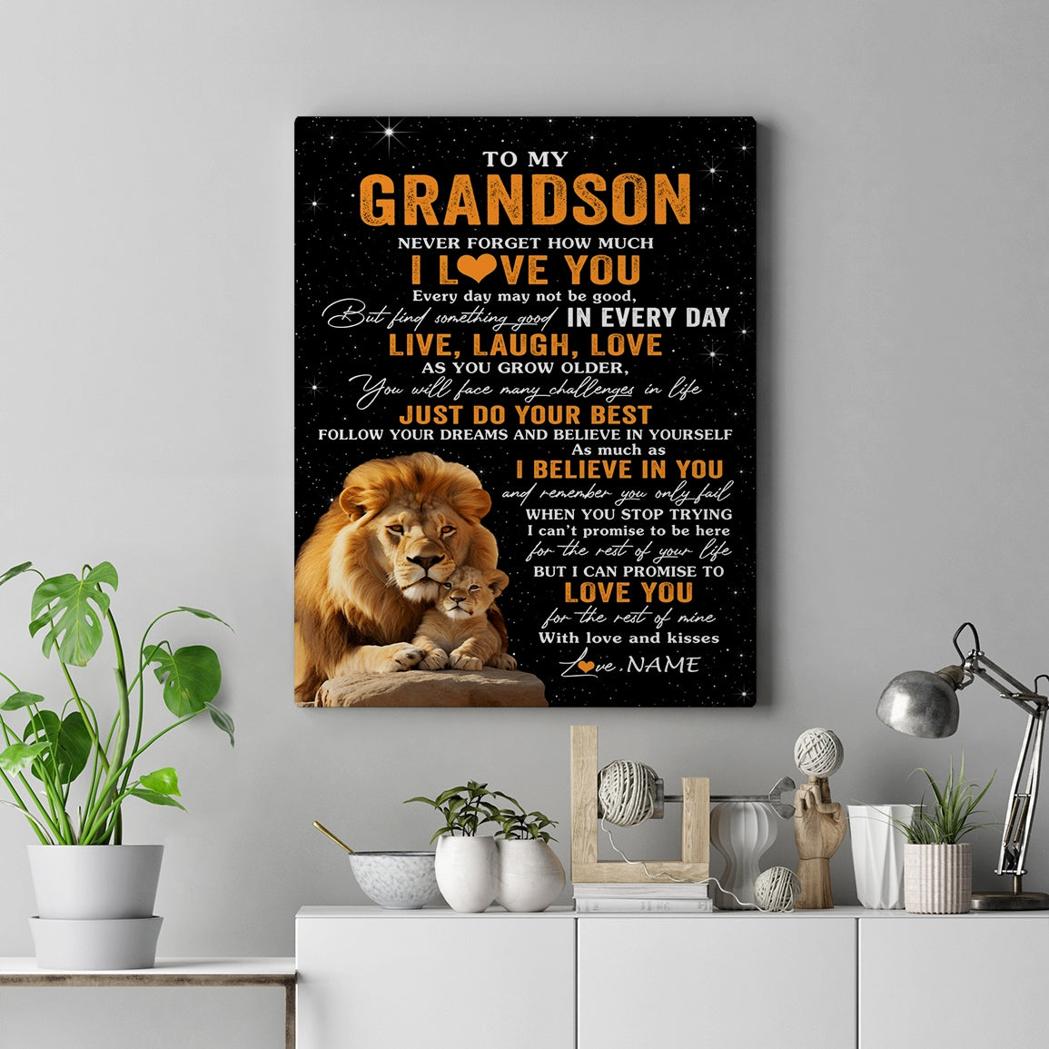 Personalized To My Grandson Canvas From Grandpa Live Laugh Love Lion Grandson Birthday Gifts Positive Graduation Christmas Custom Wall Art Print Framed Canvas | teecentury