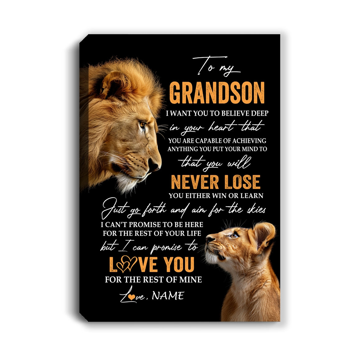 Personalized To My Grandson Canvas From Papa Grandpa You Will Never Lose Lion Grandson Birthday Gifts Graduation Christmas Custom Wall Art Print Framed Canvas | teecentury