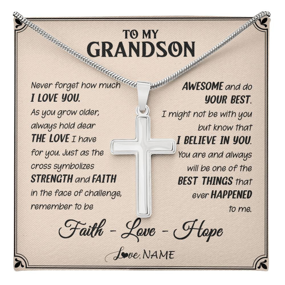 Stainless Cross Necklace Stainless Steel | 1 | Personalized To My Grandson Cross Necklace From Grandpa Grandpa Strength And Faith Grandson Birthday Christmas Graduation Customized Gift Box Message Card | teecentury