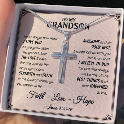 Stainless Cross Necklace Stainless Steel | 2 | Personalized To My Grandson Cross Necklace From Grandpa Grandpa Strength And Faith Grandson Birthday Christmas Graduation Customized Gift Box Message Card | teecentury