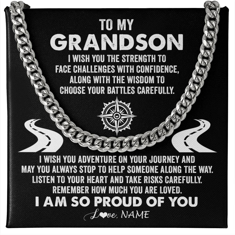 Cuban Link Chain Necklace Stainless Steel | Personalized To My Grandson Cuban Necklace From Grandma I Wish You The Strength Grandson Birthday Graduation Inspirational Customized Gift Box Message Card | teecentury