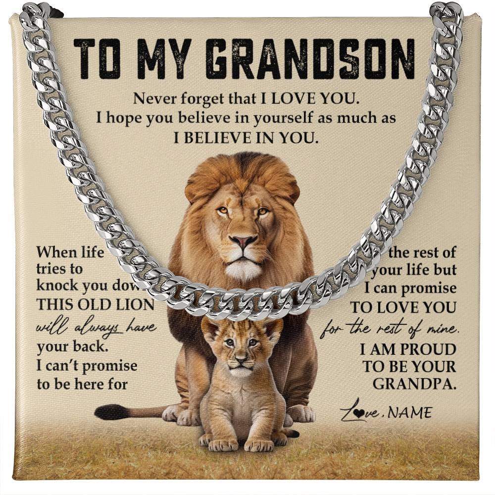Cuban Link Chain Necklace Stainless Steel | 1 | Personalized To My Grandson Cuban Necklace From Grandpa Never Forget That I Love You Lion Grandson Birthday Christmas Customized Gift Box Message Card | teecentury