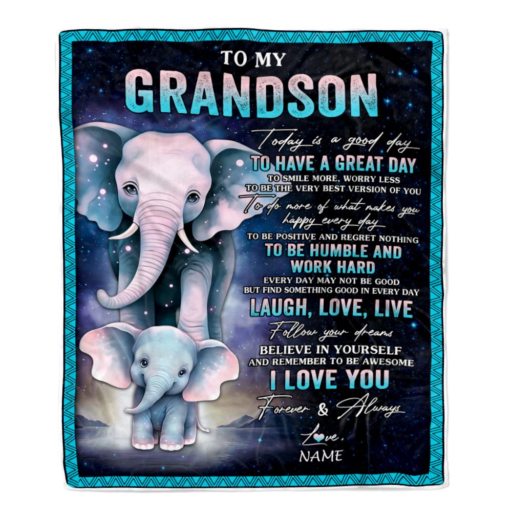 Personalized To My Grandson Elephant Blanket From Grandma Grandpa Every Day Laugh Love Live Grandson Birthday Gifts Christmas Customized Fleece Throw Blanket | teecentury
