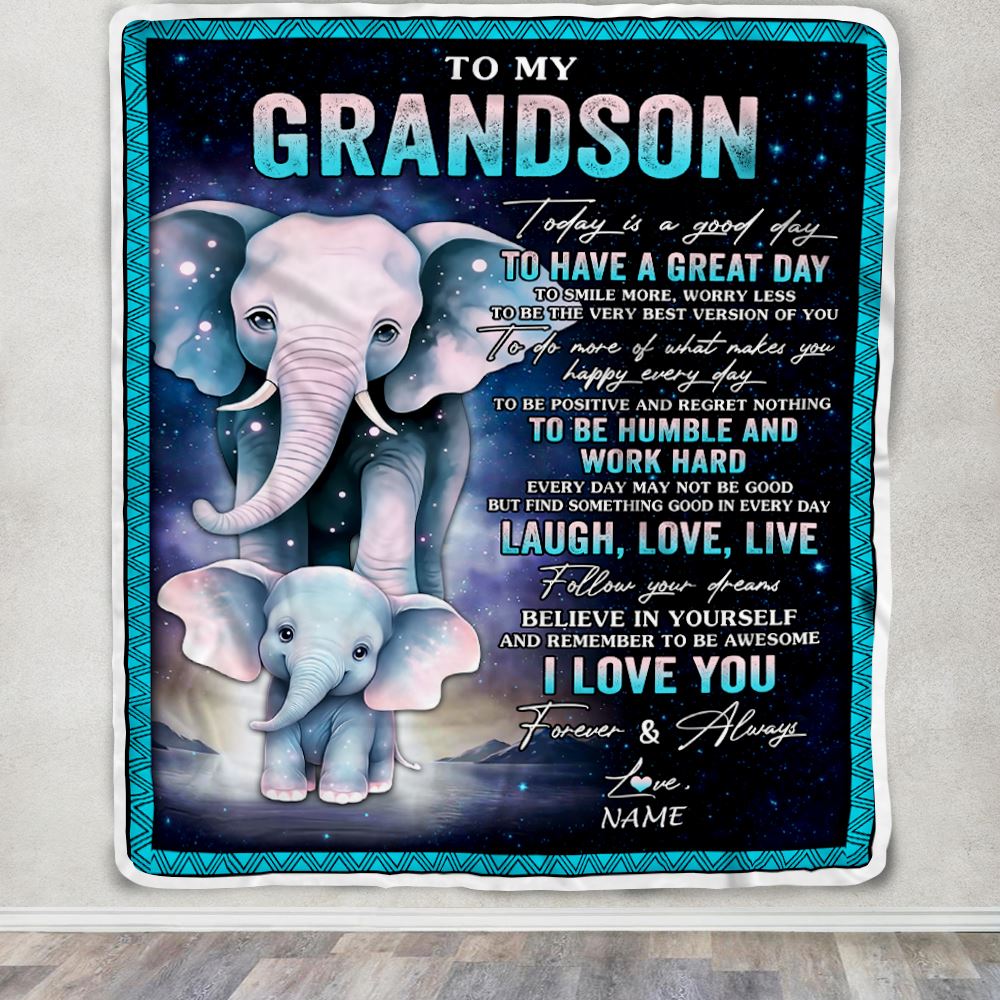 Personalized To My Grandson Elephant Blanket From Grandma Grandpa Every Day Laugh Love Live Grandson Birthday Gifts Christmas Customized Fleece Throw Blanket | teecentury