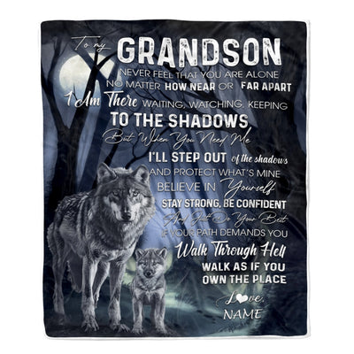 Personalized To My Grandson From Grandma Grandpa Blanket Never Feel You Are Alone Wolf Moon Night Dark Forest Family Love Birthday Christmas Fleece Blanket Blanket | Teecentury.com