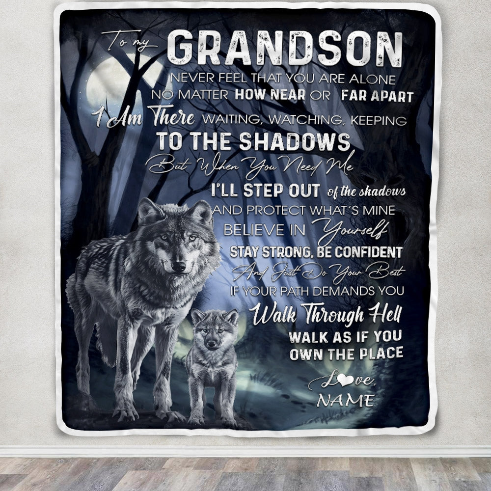 Personalized To My Grandson From Grandma Grandpa Blanket Never Feel You Are Alone Wolf Moon Night Dark Forest Family Love Birthday Christmas Fleece Blanket Blanket | Teecentury.com