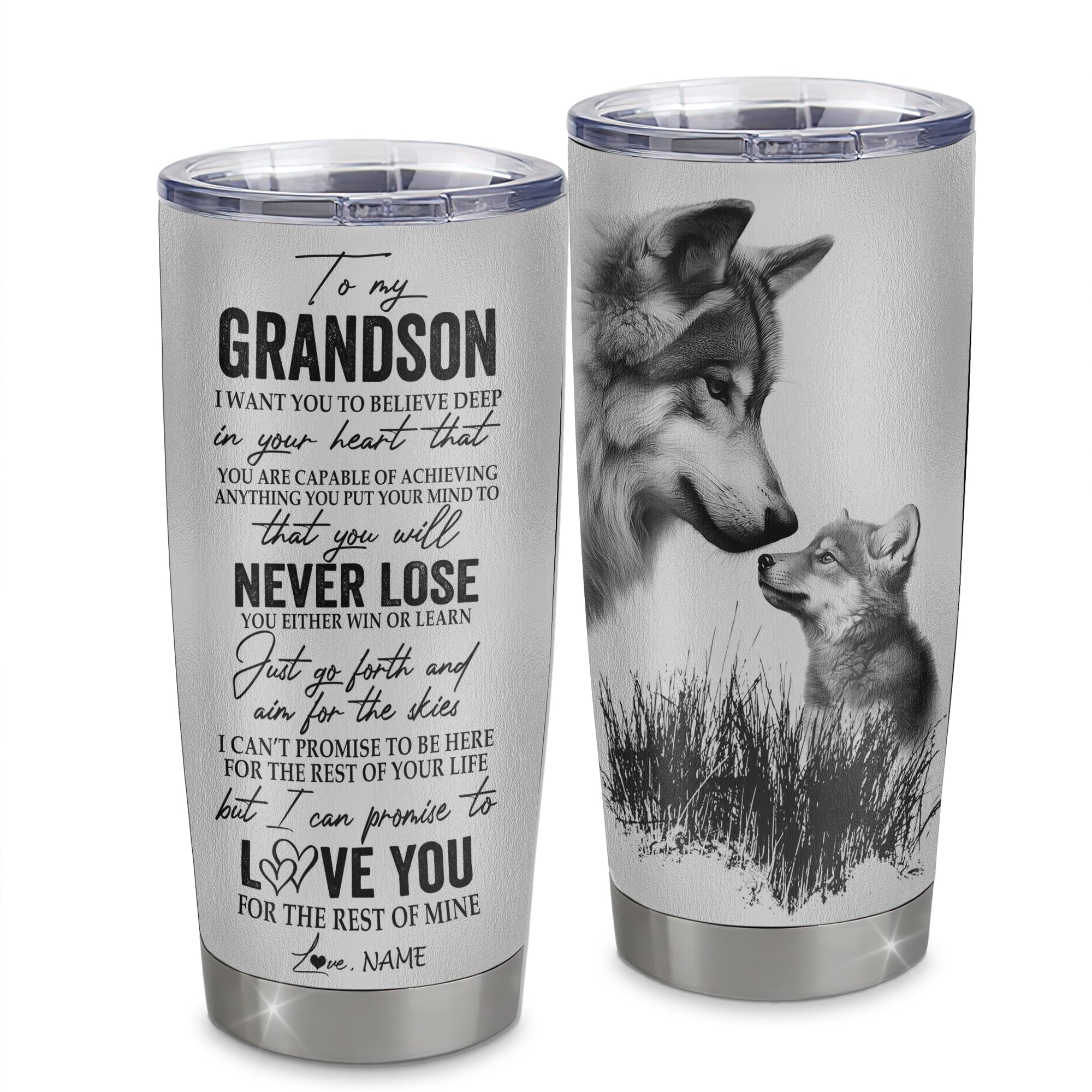 Personalized To My Grandson From Grandma Grandpa Stainless Steel Tumbler Cup You Will Never Lose Wolf Grandson Birthday Graduation Christmas Travel Mug | teecentury