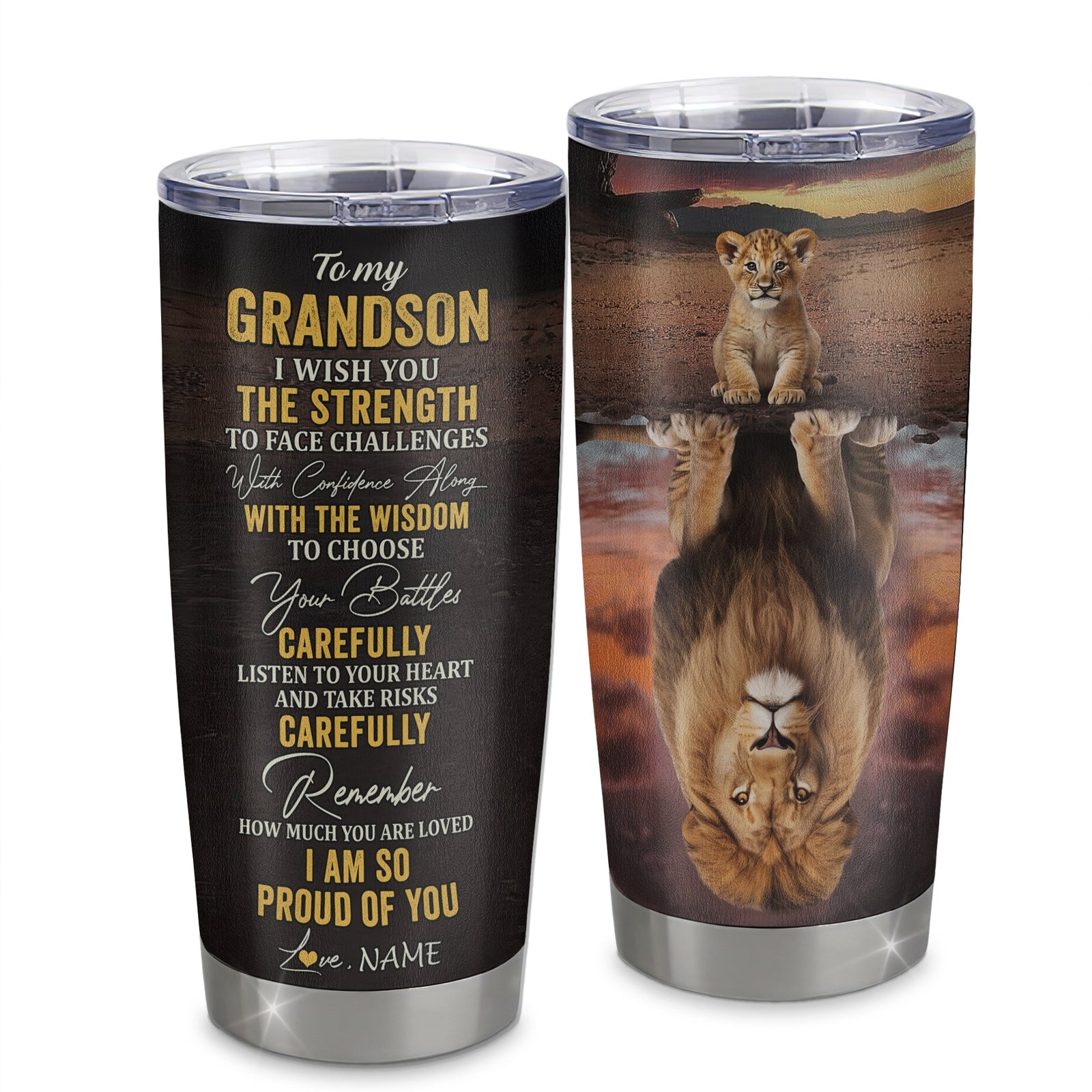 Personalized To My Grandson From Grandpa Grandma Stainless Steel Tumbler Cup I Wish You The Strength Lion Grandson Birthday Graduation Christmas Travel Mug | teecentury