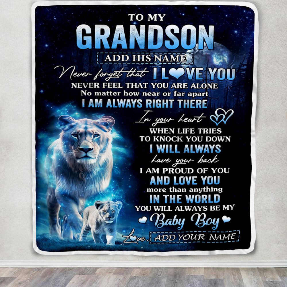 Personalized To My Grandson Gift Blanket From Grandma Never Feel That You Are Alone Lion Grandson Birthday Christmas Customized Fleece Throw Blanket | teecentury