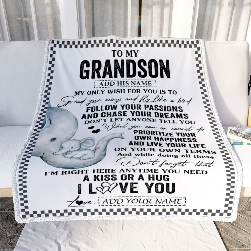 Personalized To My Grandson Gifts Blanket From Grandma Elephant My Only Wish For You Grandson Birthday Gifts Graduation Christmas Customized Fleece Blanket | teecentury