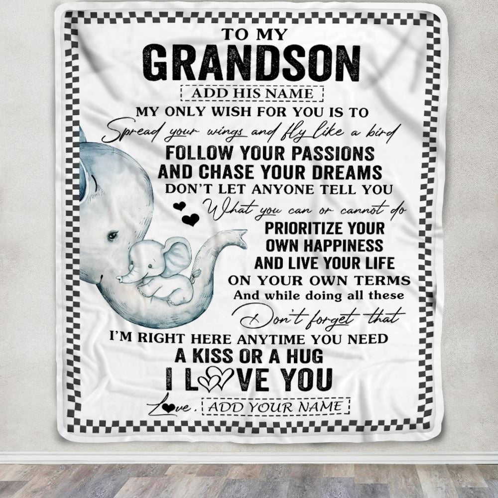 Personalized To My Grandson Gifts Blanket From Grandma Elephant My Only Wish For You Grandson Birthday Gifts Graduation Christmas Customized Fleece Blanket | teecentury