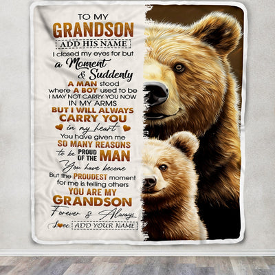 Personalized To My Grandson Gifts Blanket From Grandma Grandpa I Close My Eyes Bear Grandson Birthday Gifts Graduation Christmas Custom Fleece Throw Blanket | teecentury
