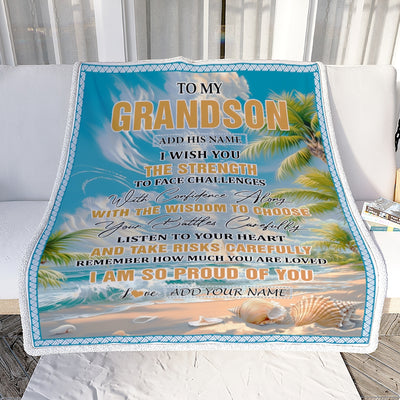 Personalized To My Grandson Gifts Blanket From Grandma Grandpa I Wish You The Strength Beach Grandson Birthday Gifts Christmas Graduation Fleece Blanket | teecentury
