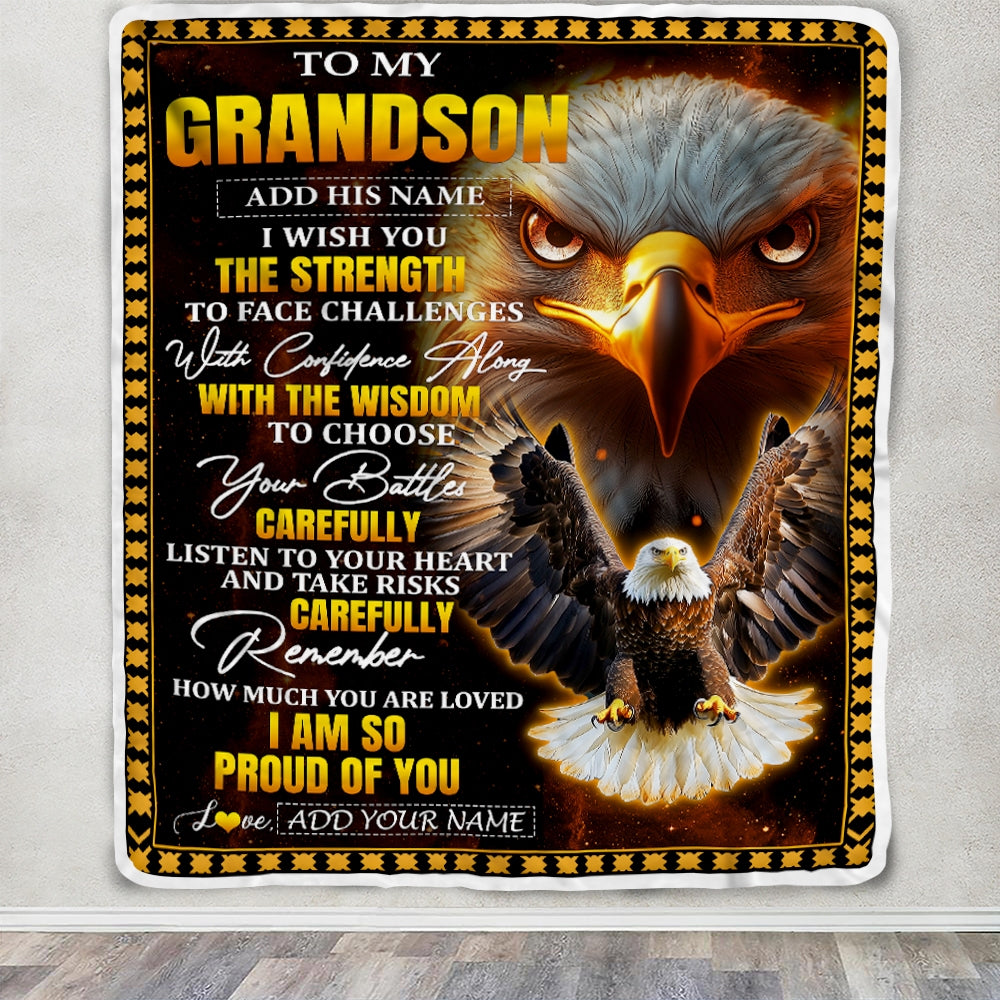 Personalized To My Grandson Gifts Blanket From Grandma Grandpa I Wish You The Strength Eagle Grandson Birthday Gifts Christmas Graduation Fleece Blanket | teecentury