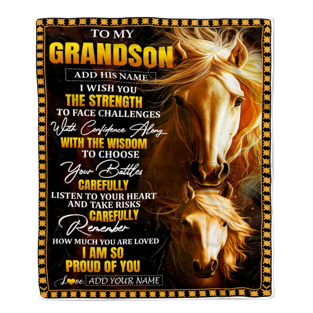 Personalized To My Grandson Gifts Blanket From Grandma Grandpa I Wish You The Strength Horse Grandson Birthday Gifts Christmas Graduation Fleece Blanket | teecentury