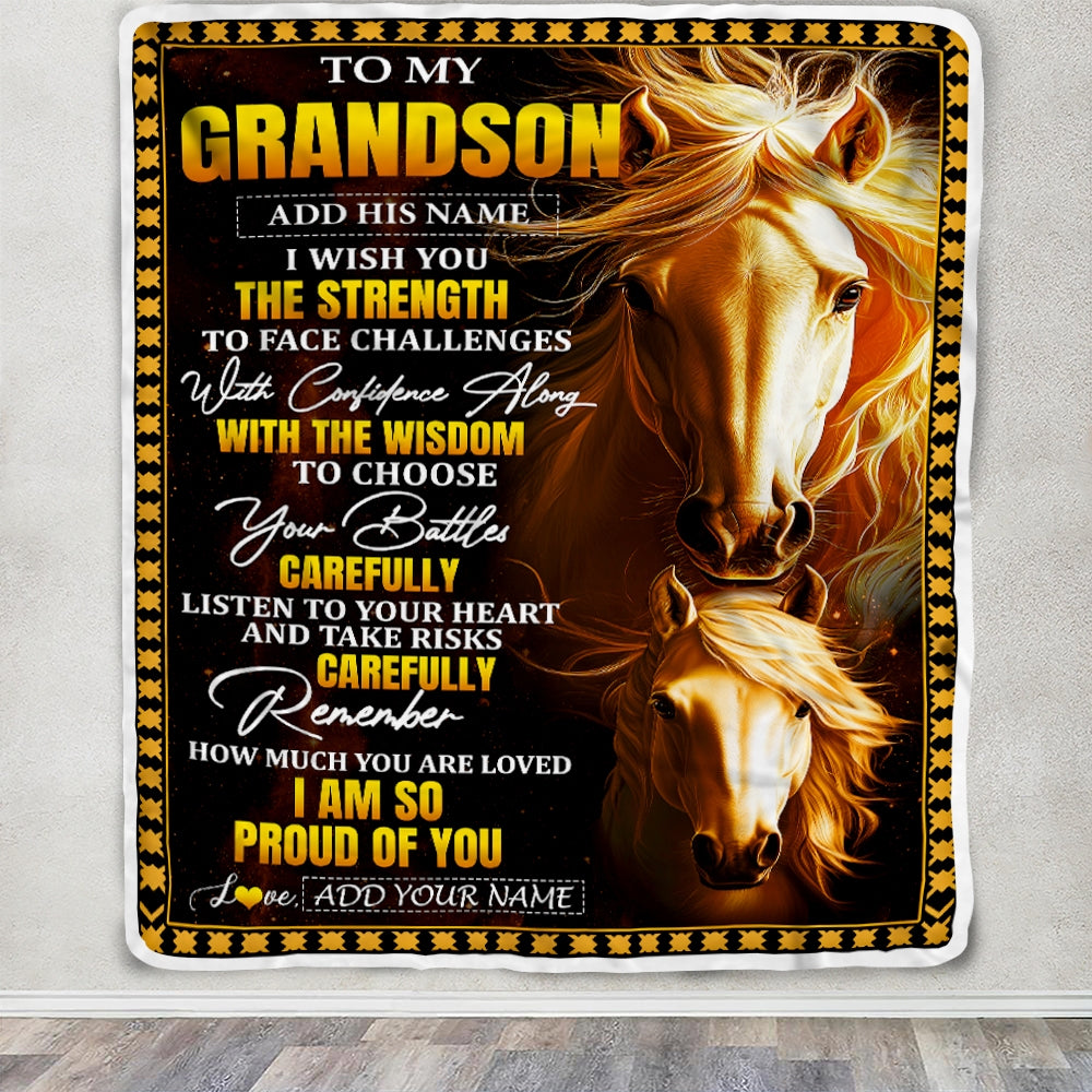 Personalized To My Grandson Gifts Blanket From Grandma Grandpa I Wish You The Strength Horse Grandson Birthday Gifts Christmas Graduation Fleece Blanket | teecentury
