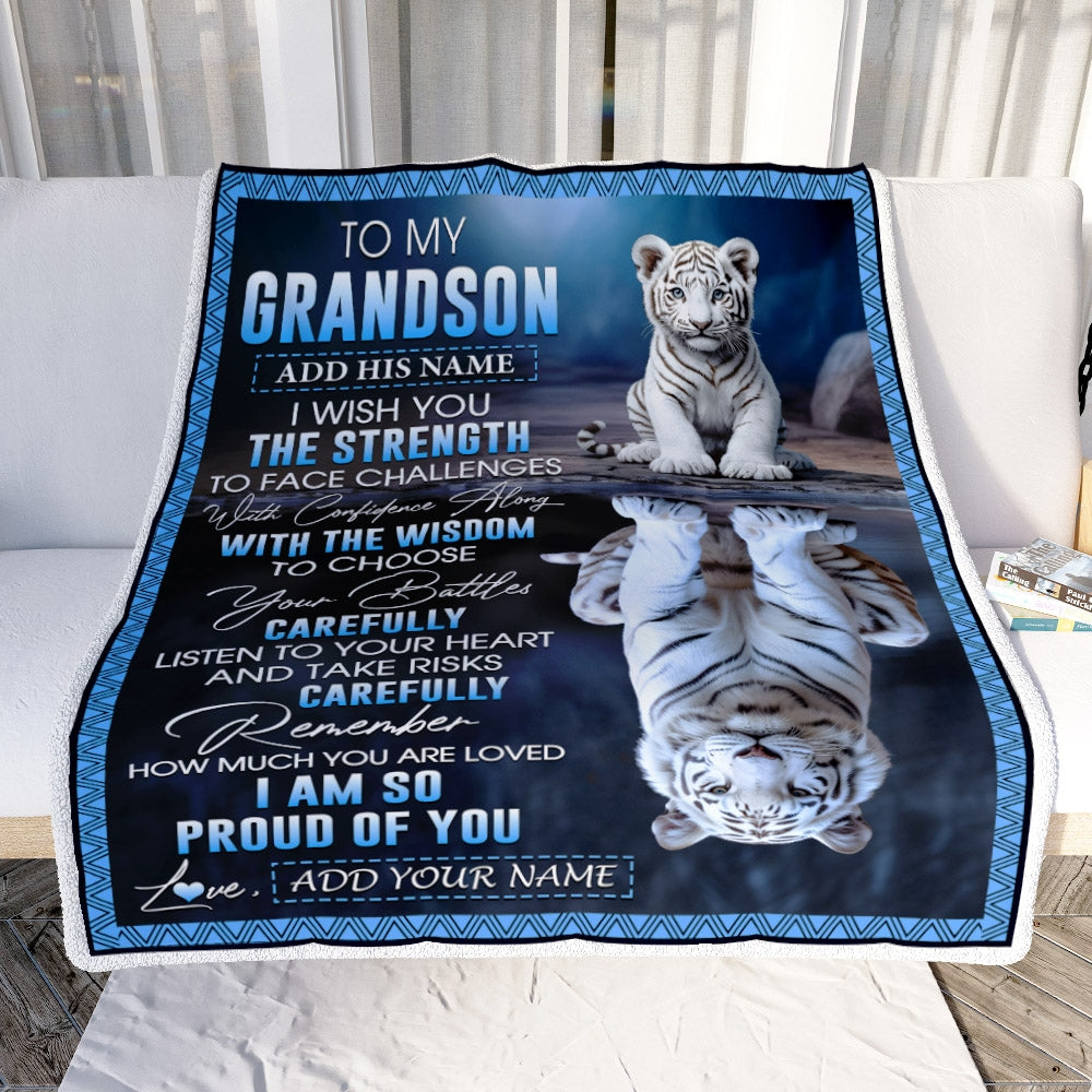 Personalized To My Grandson Gifts Blanket From Grandma Grandpa I Wish You The Strength White Tier Grandson Birthday Gifts Christmas Custom Fleece Blanket | teecentury