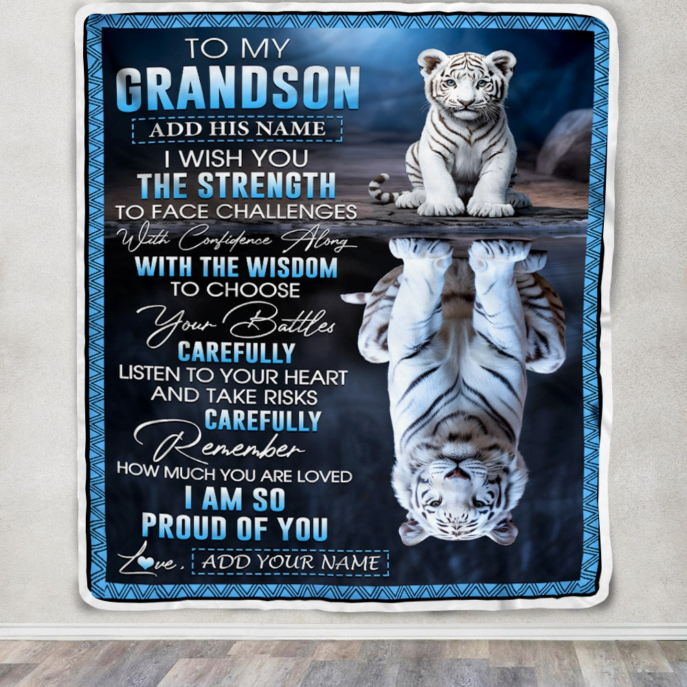 Personalized To My Grandson Gifts Blanket From Grandma Grandpa I Wish You The Strength White Tier Grandson Birthday Gifts Christmas Custom Fleece Blanket | teecentury