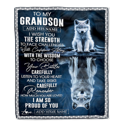 Personalized To My Grandson Gifts Blanket From Grandma Grandpa I Wish You The Strength Wolf Grandson Birthday Gifts Christmas Graduation Fleece Blanket | teecentury