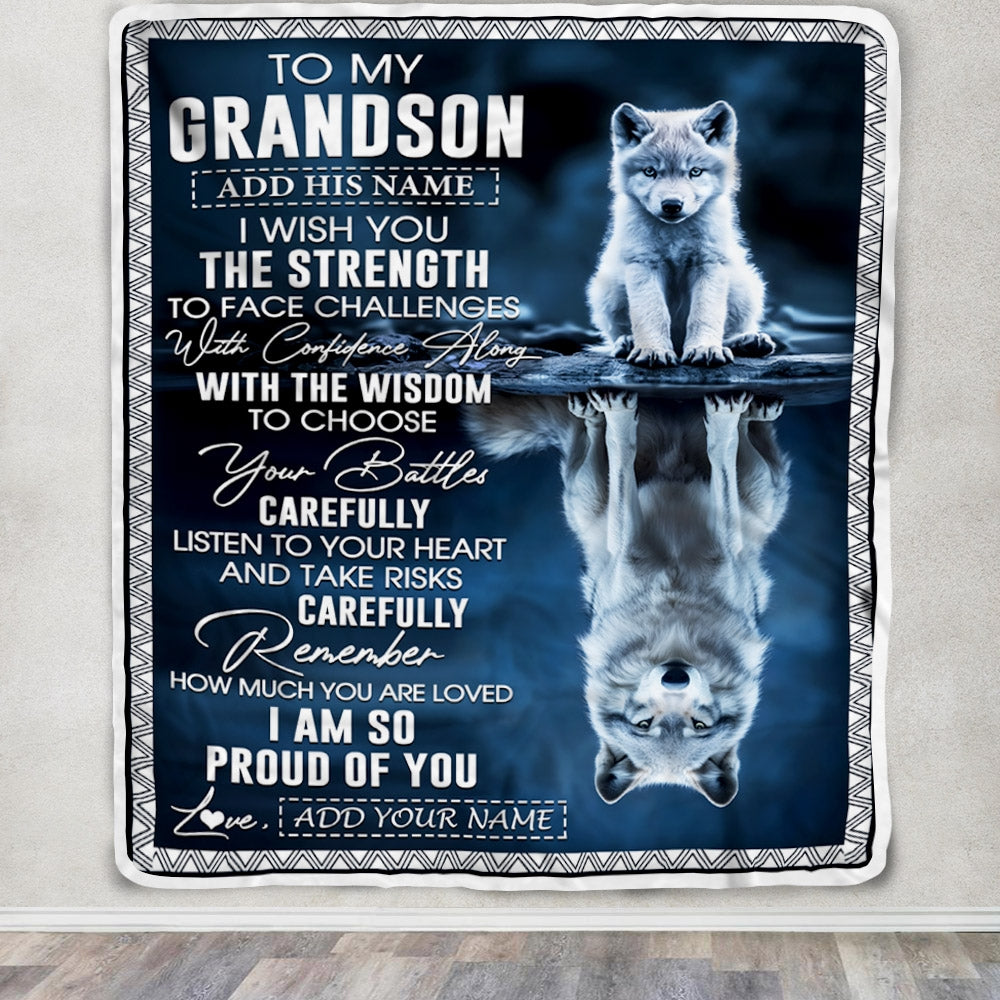 Personalized To My Grandson Gifts Blanket From Grandma Grandpa I Wish You The Strength Wolf Grandson Birthday Gifts Christmas Graduation Fleece Blanket | teecentury
