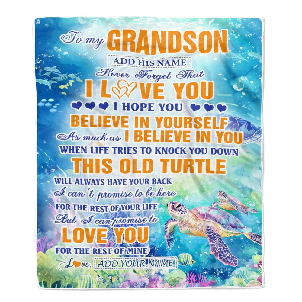 Personalized To My Grandson Gifts Blanket From Grandma Grandpa This Old Turtle Love You Grandson Birthday Gifts Graduation Christmas Customized Fleece Blanket | teecentury
