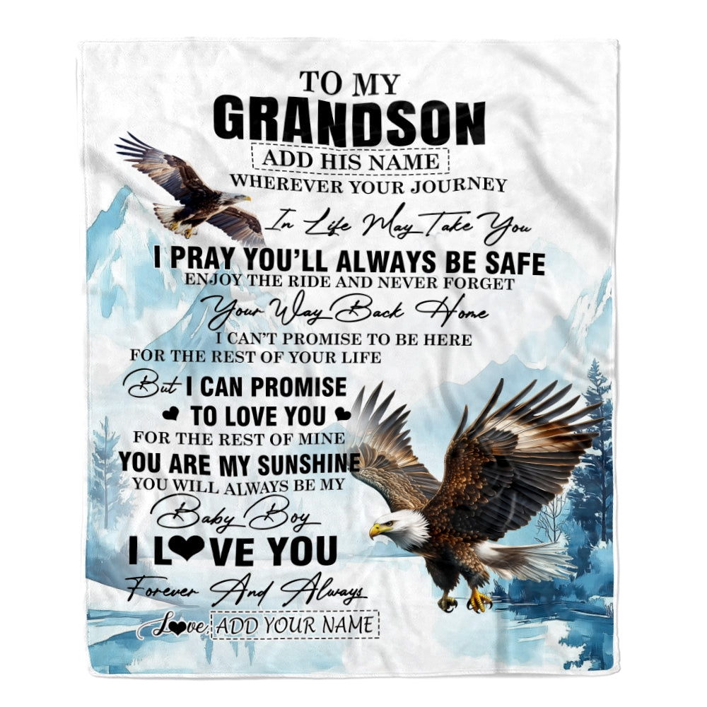 Personalized To My Grandson Gifts Blanket From Grandma Grandpa Wherever Your Journey In Life Eagle Grandson Birthday Gifts Warm Customized Fleece Throw Blanket | teecentury