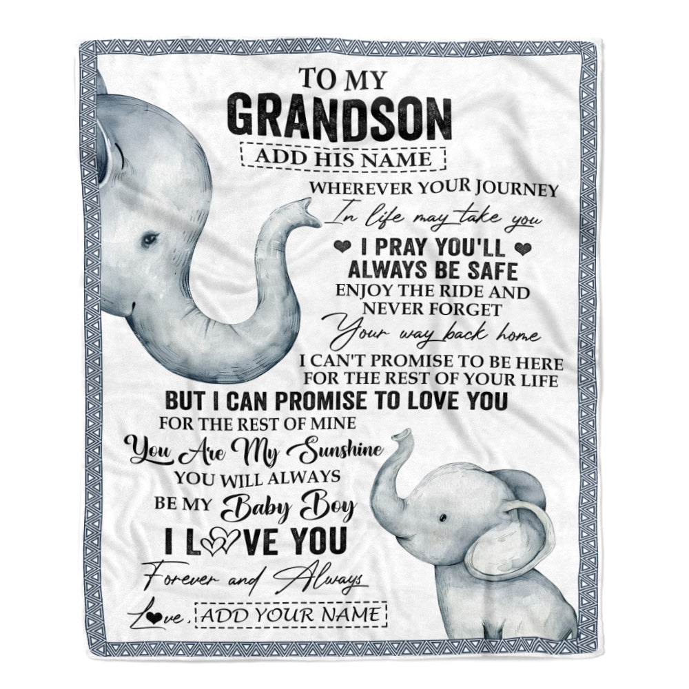 Personalized To My Grandson Gifts Blanket From Grandma Grandpa Wherever Your Journey In Life Elephant Grandson Birthday Gifts Warm Customized Fleece Blanket | teecentury