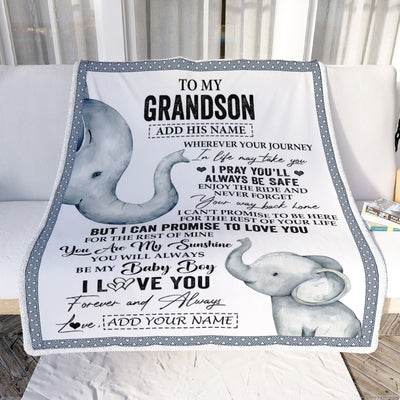 Personalized To My Grandson Gifts Blanket From Grandma Grandpa Wherever Your Journey In Life Elephant Grandson Birthday Gifts Warm Customized Fleece Blanket | teecentury