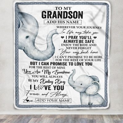 Personalized To My Grandson Gifts Blanket From Grandma Grandpa Wherever Your Journey In Life Elephant Grandson Birthday Gifts Warm Customized Fleece Blanket | teecentury