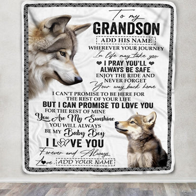 Personalized To My Grandson Gifts Blanket From Grandma Grandpa Wherever Your Journey In Life Wolf Grandson Birthday Gifts Warm Customized Fleece Throw Blanket | teecentury