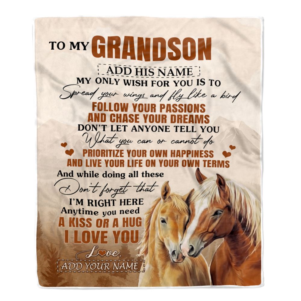 Personalized To My Grandson Gifts Blanket From Grandma Papa Horse My Only Wish For You Grandson Birthday Gifts Graduation Christmas Customized Fleece Blanket | teecentury