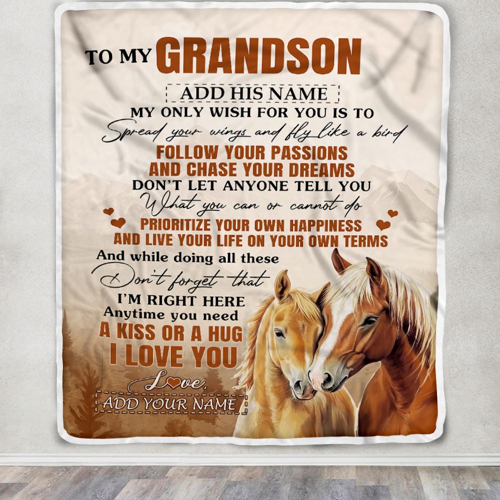 Personalized To My Grandson Gifts Blanket From Grandma Papa Horse My Only Wish For You Grandson Birthday Gifts Graduation Christmas Customized Fleece Blanket | teecentury